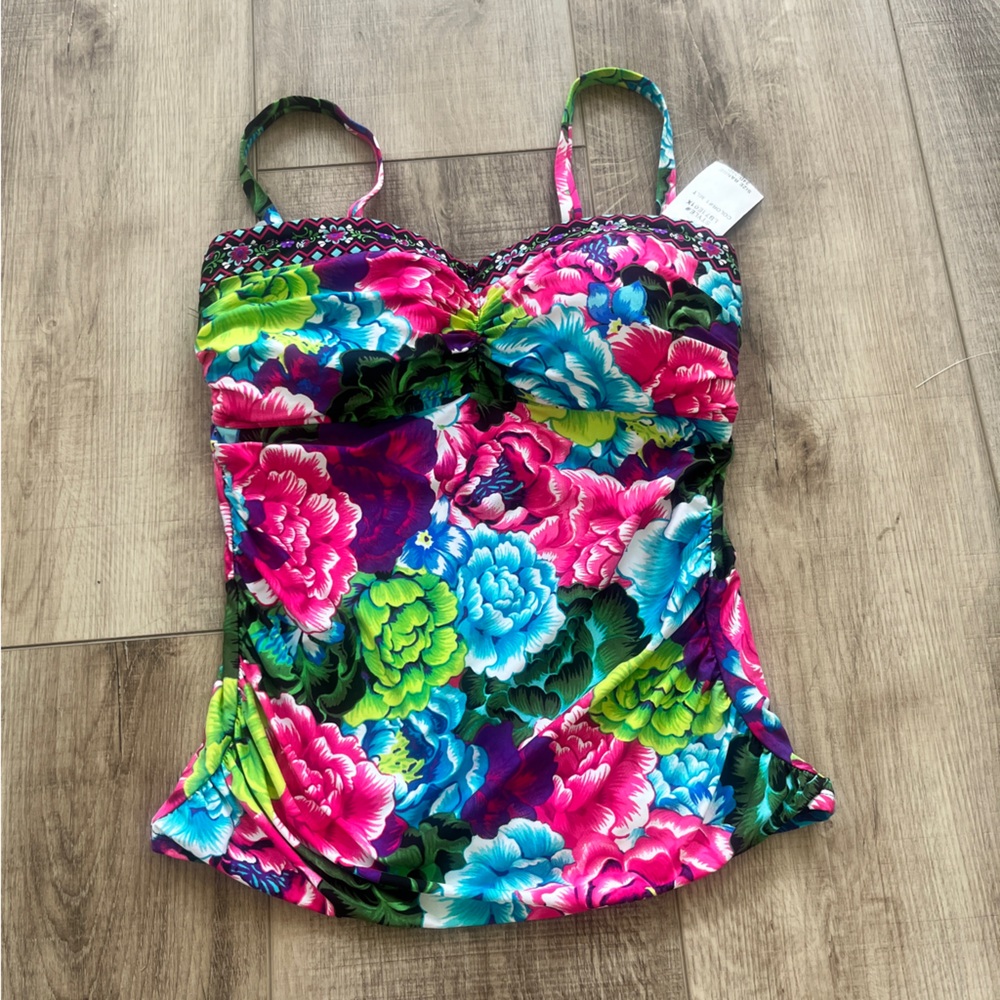 NWT LA BLANCA Sz 34D Tankini Swim Top Underwire Floral Bandeau Adjustable Summer